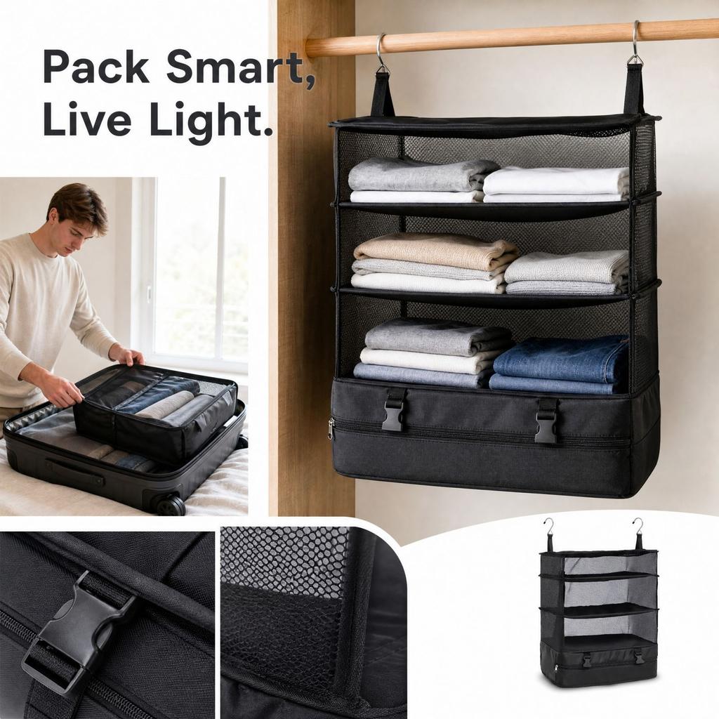7-in-1 Travel Storage Bags with Hanging Strap, Foldable Mesh for Suitcase and Home, 3-Layer Hanging Bag with Bottom Pocket