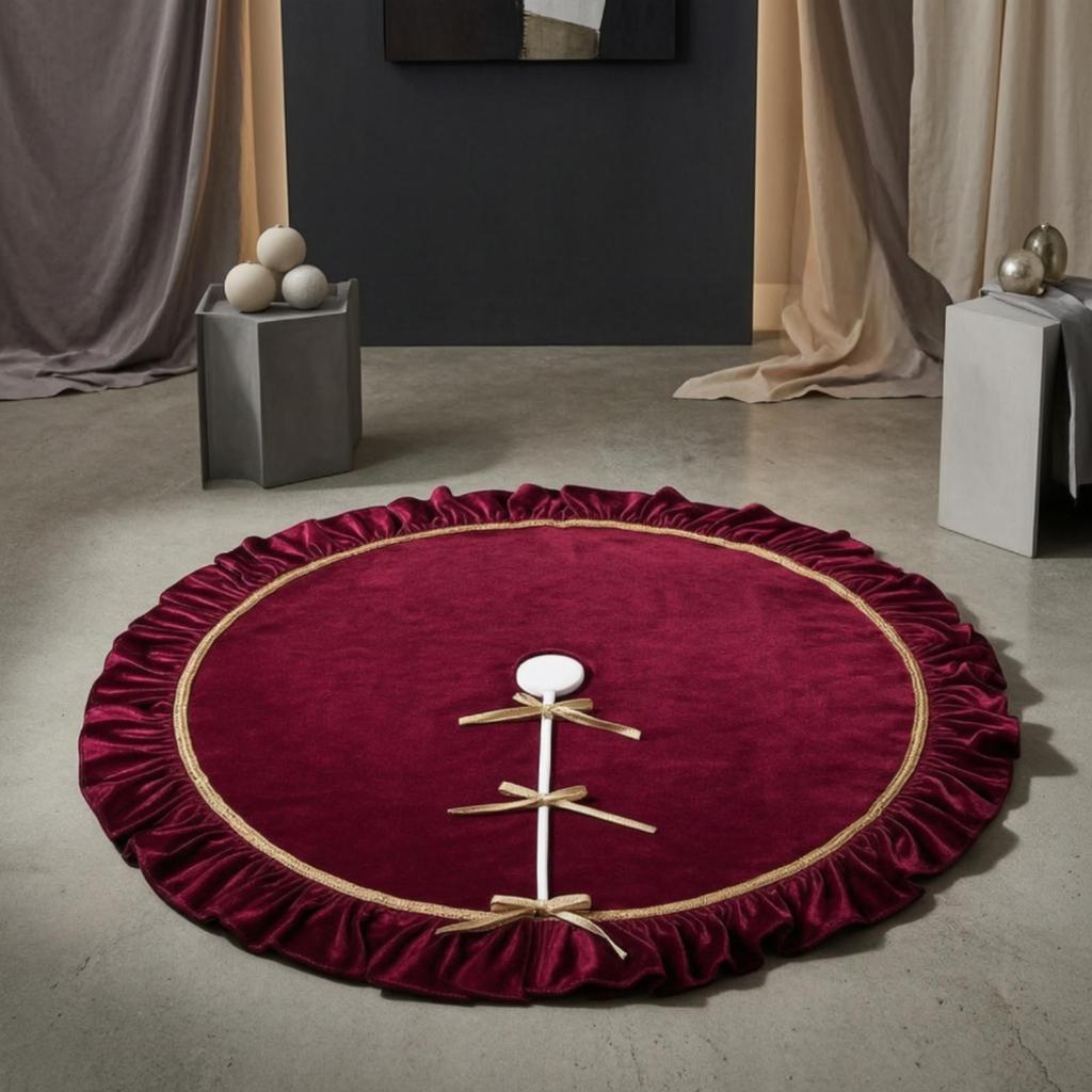 Christmas Tree Skirt with Gold Trim Ruched for Living Room, Hotel Lobby