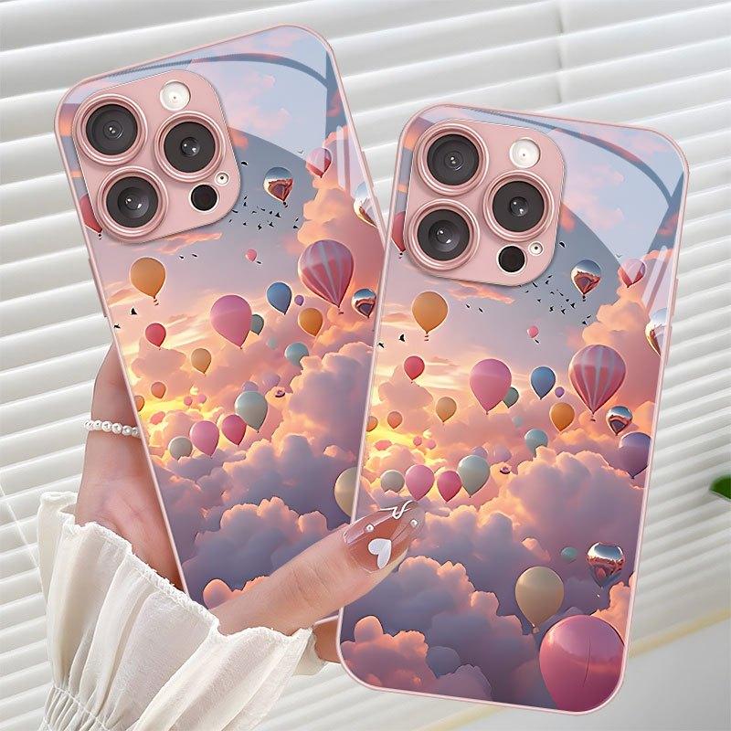 Hot Air Balloon Cloud Sunset Sky Glass Phone Case Suitable for iPhone 17 16 15 14 13 12 11 Pro Max Plus Shockproof Back Cover