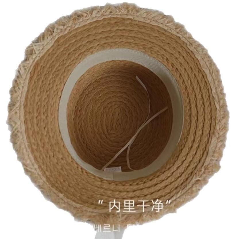 Versatile burr straw hat women's summer flat top travel sun hat small fresh bow sunshade beach hat