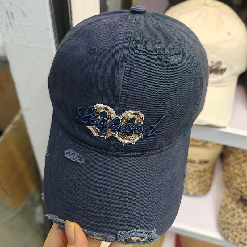 American retro embroidered baseball cap burr edge broken brim soft top cap leopard print men's and women's street versatile sun hat