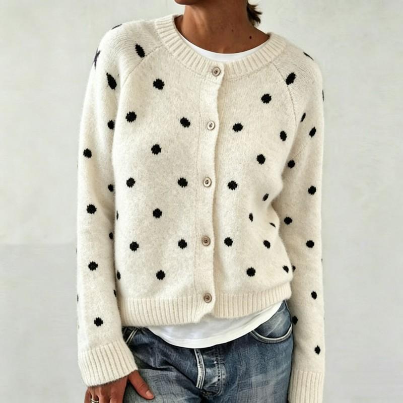 2026 Damen Oversized Rundhals Strick Cardigan mit Farbblock-Punkte-Muster Lockerer Sitz Lässiger Arbeitskleidungs Pullover