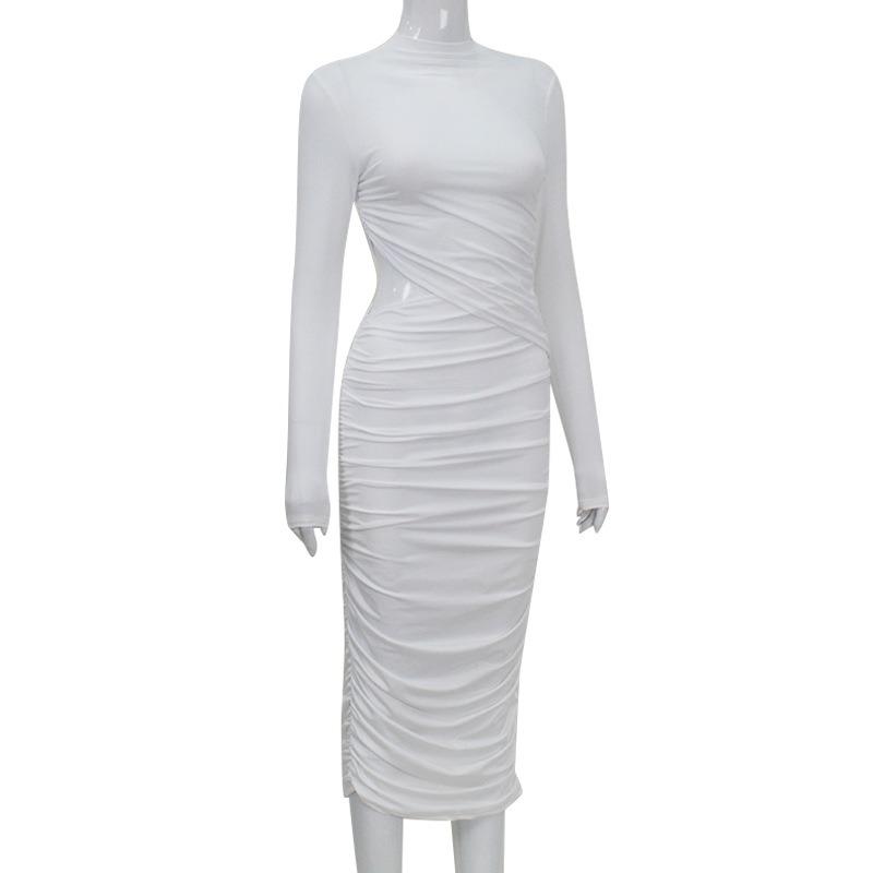 Women's Solid Color Crew Neck Long Sleeve Hollow Pleated Patchwork Bag Hip Sexy Spice Girl Party Dress