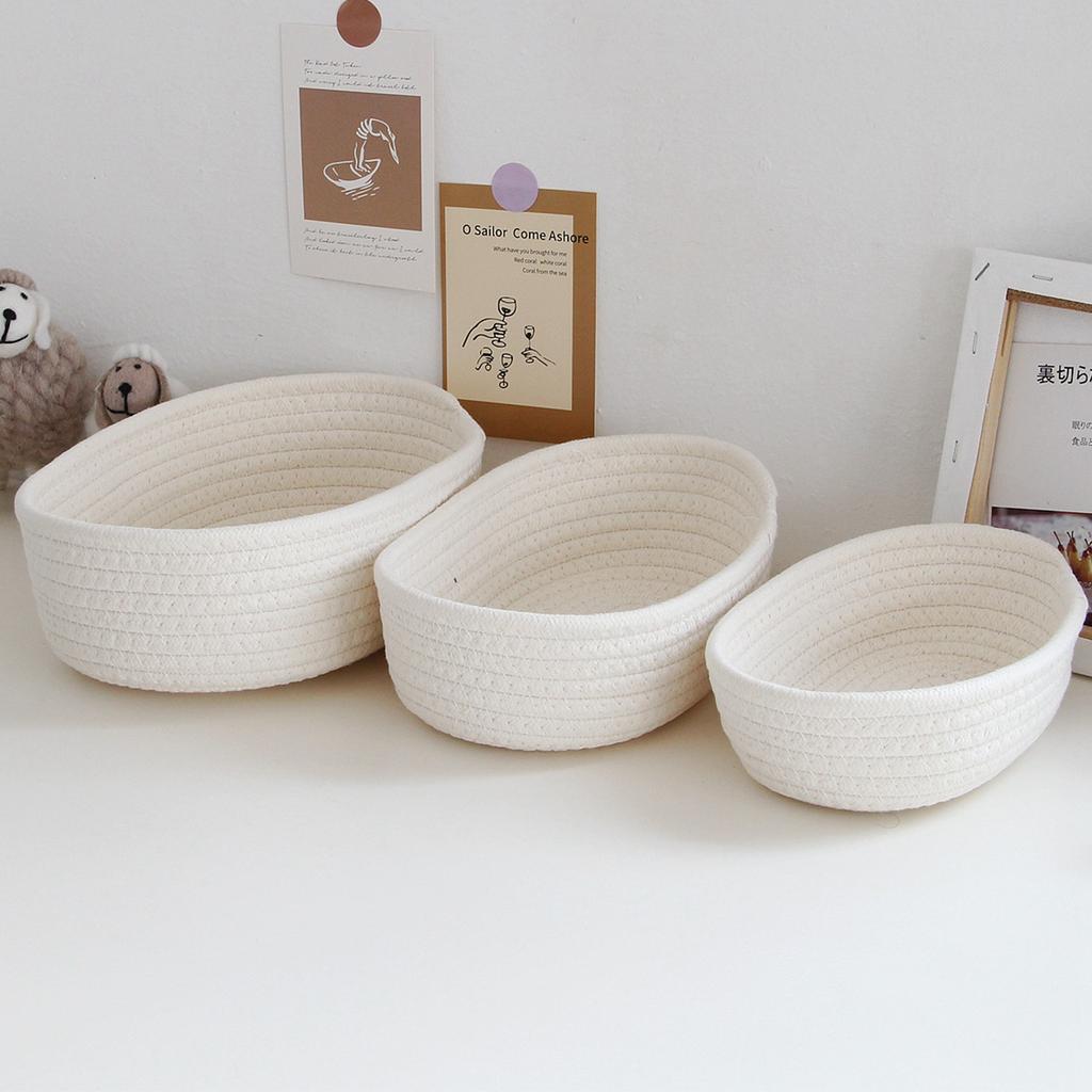 3 Pcs Desktop Storage Basket Oval Organizer Container Cotton Rope Hand Woven for Makeup Snacks