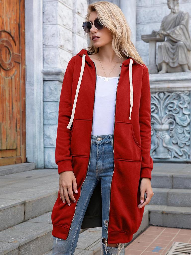 2023 Autumn/Winter Women's Casual Hooded Mid-Length Loose Plain Sweatshirt