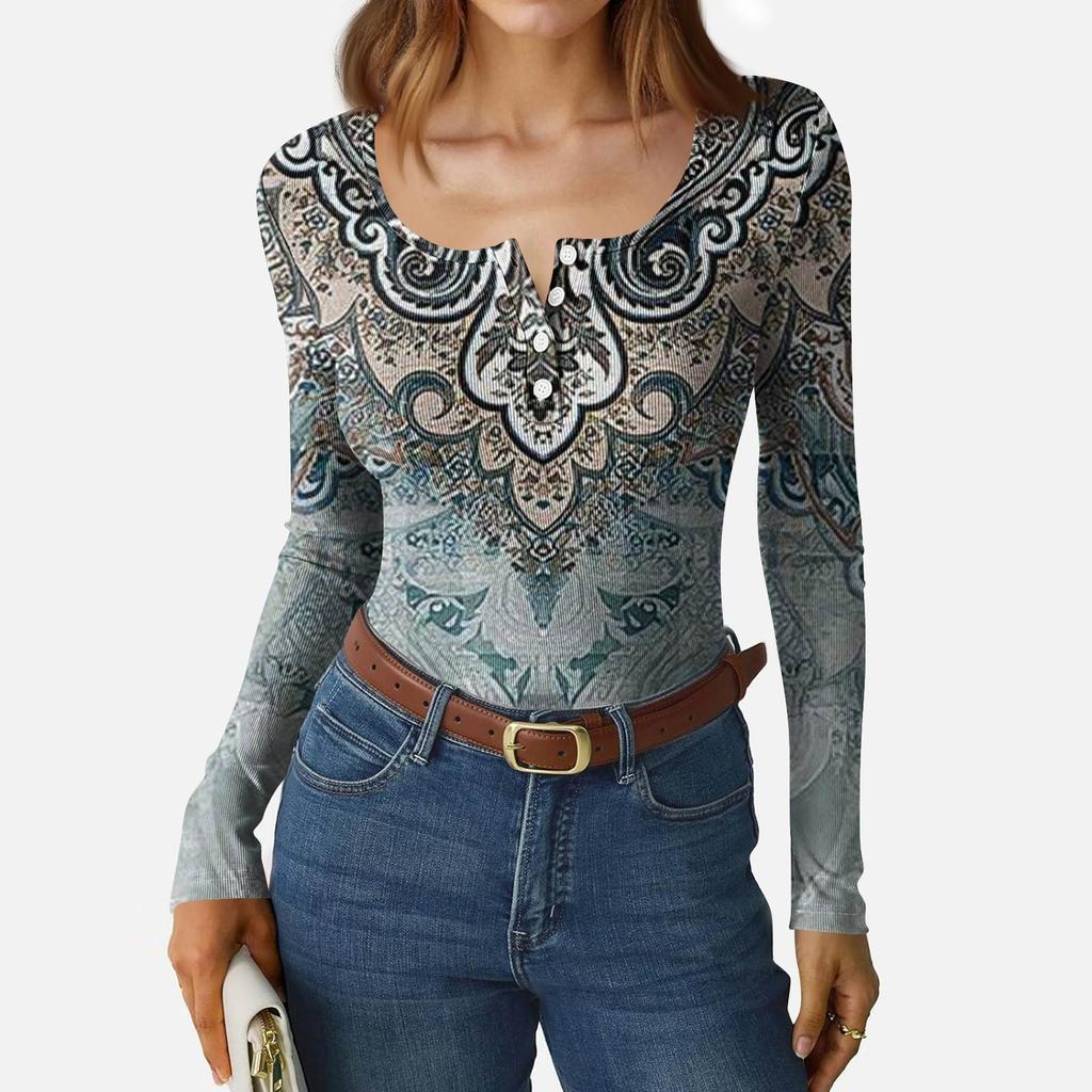 Women's Slim Bottom T-shirt Fashion Casual Gradient Printing Round Neck Pullover Long Sleeve Top