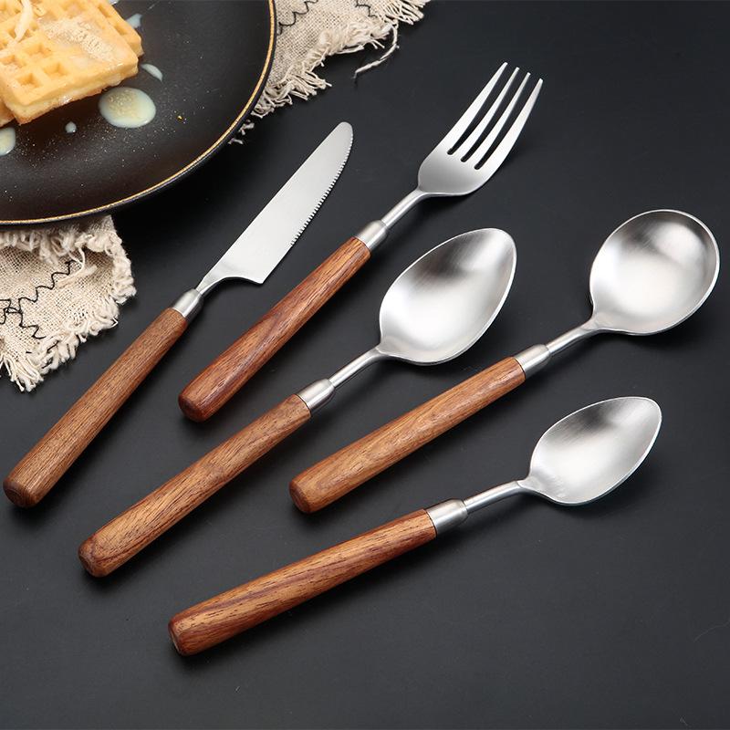 304 stainless steel spoon fork western knife restaurant steak knife kitchen wooden handle spoon knife and fork set