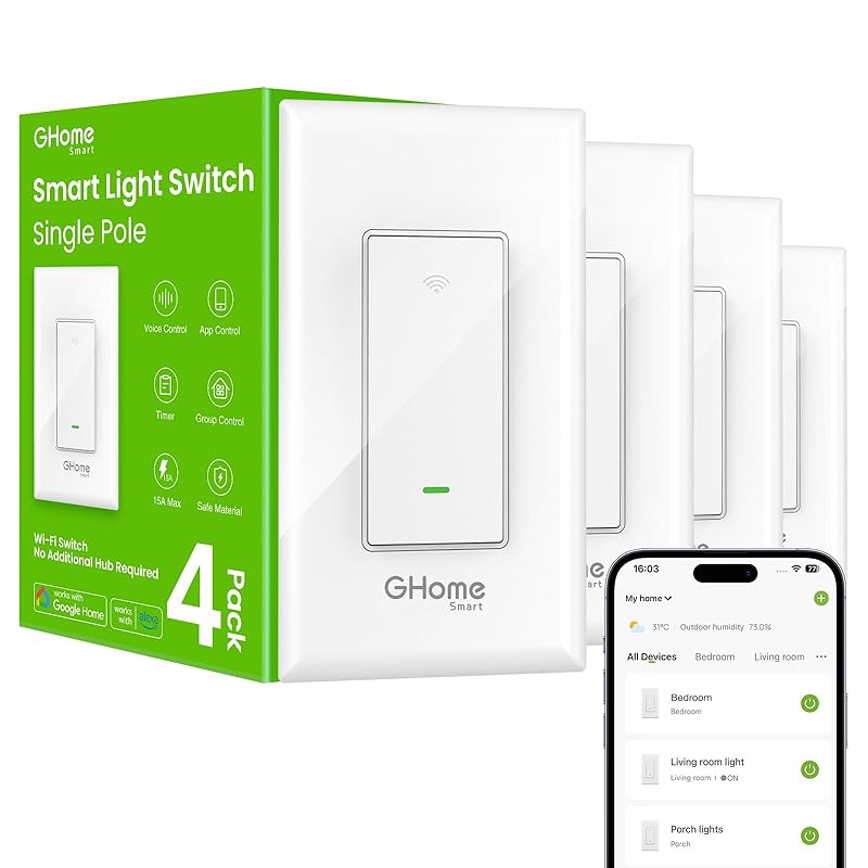 GHome Smart Switches for Lights, WiFi Smart Light Switch Works with Alexa and Google Home, Single-Pole, Neutral Wire Required, 2.4Ghz WiFi Light
