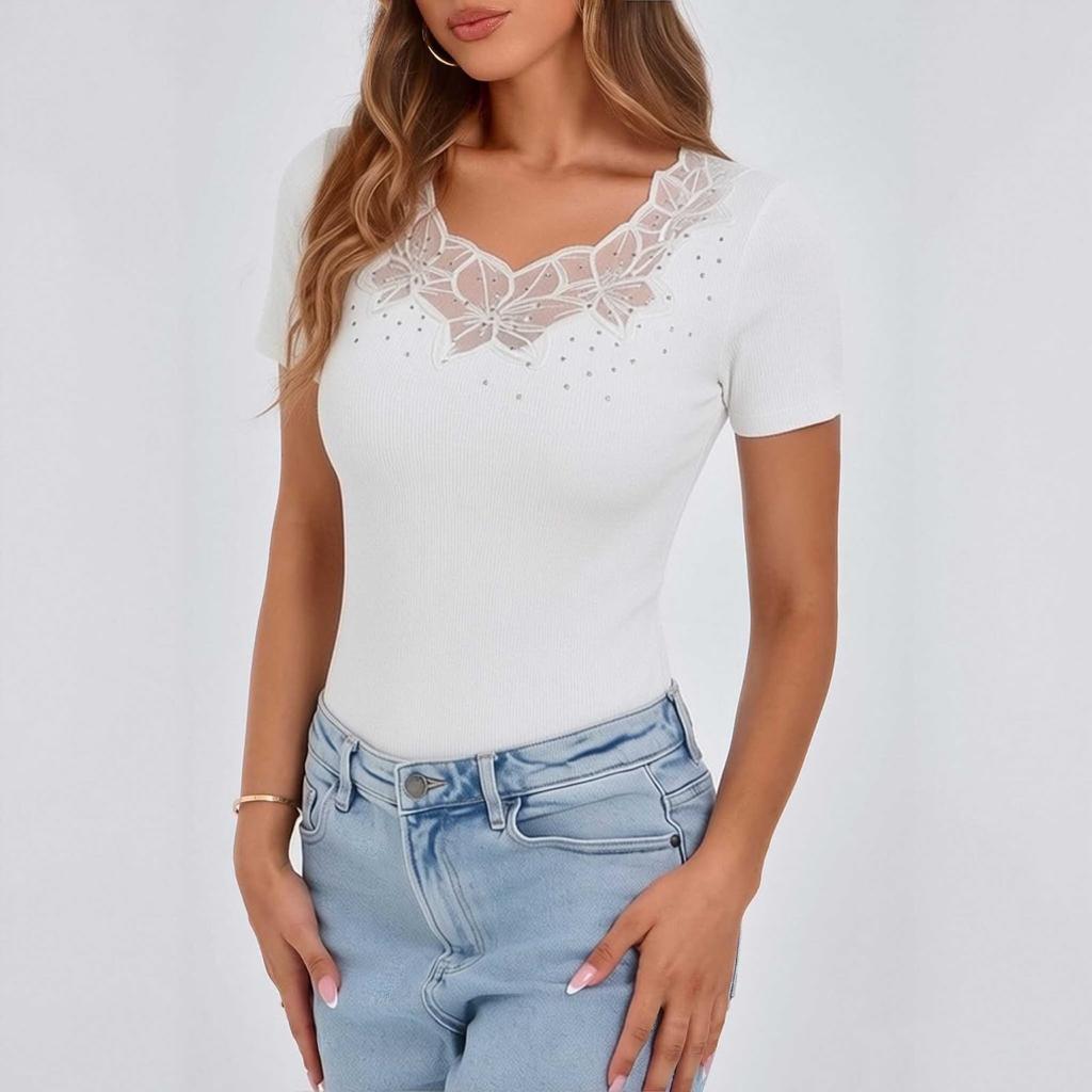 Women's Casual Short Sleeve Top Lace V Neckline Embellished with Rhinestones Lightweight Knitwear Slim Fit Summer Shirt