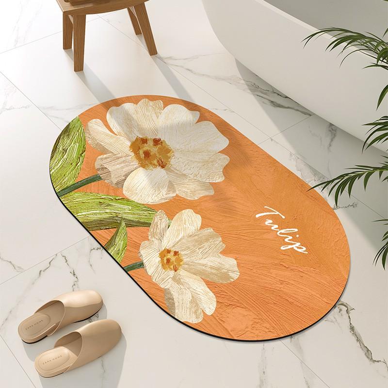 Bathroom Floor Mat Silicone Diatomaceous Mud Absorbent Non-Slip Door Shower Area Modern Floral