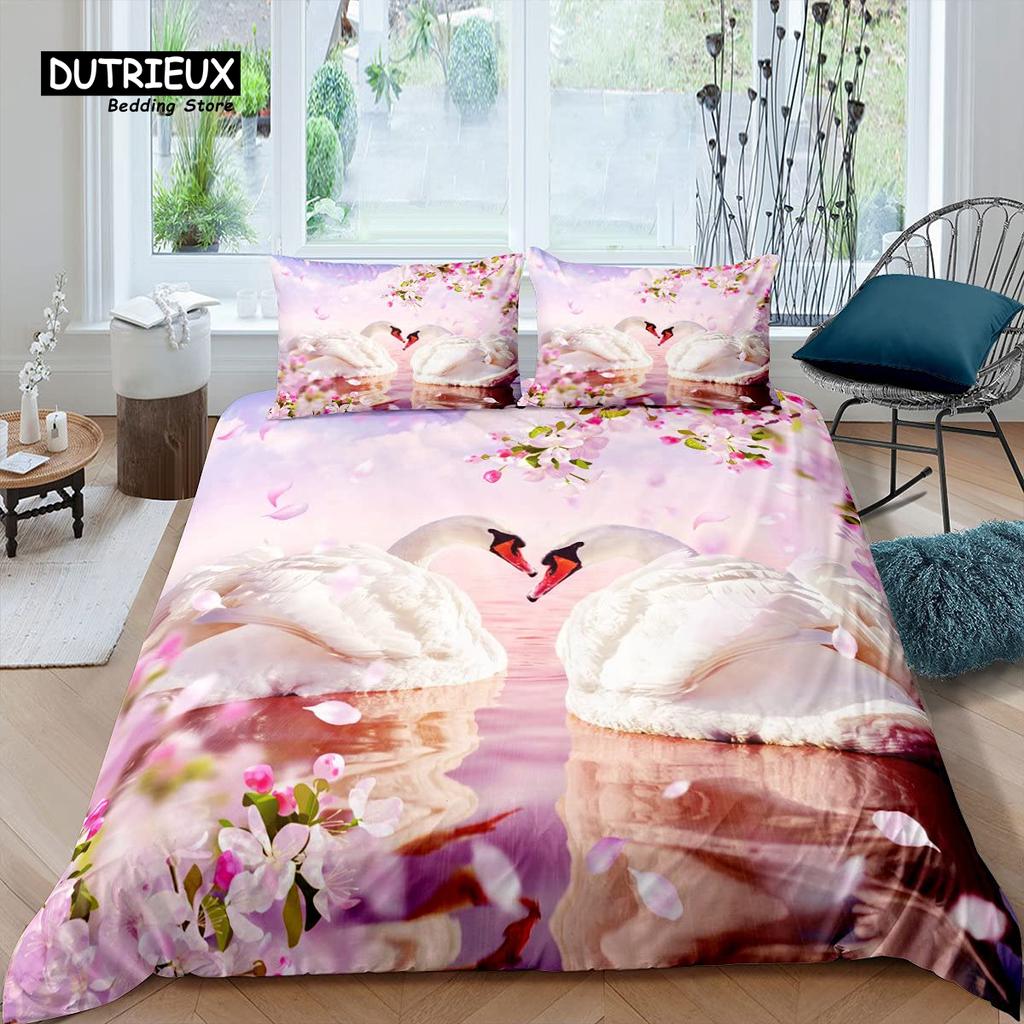 Swan Bedding Set Romantic Flowers Duvet Cover King Birds Wildlife Quilt Cover for Couple Lady Man Wedding Festival Party Decor
