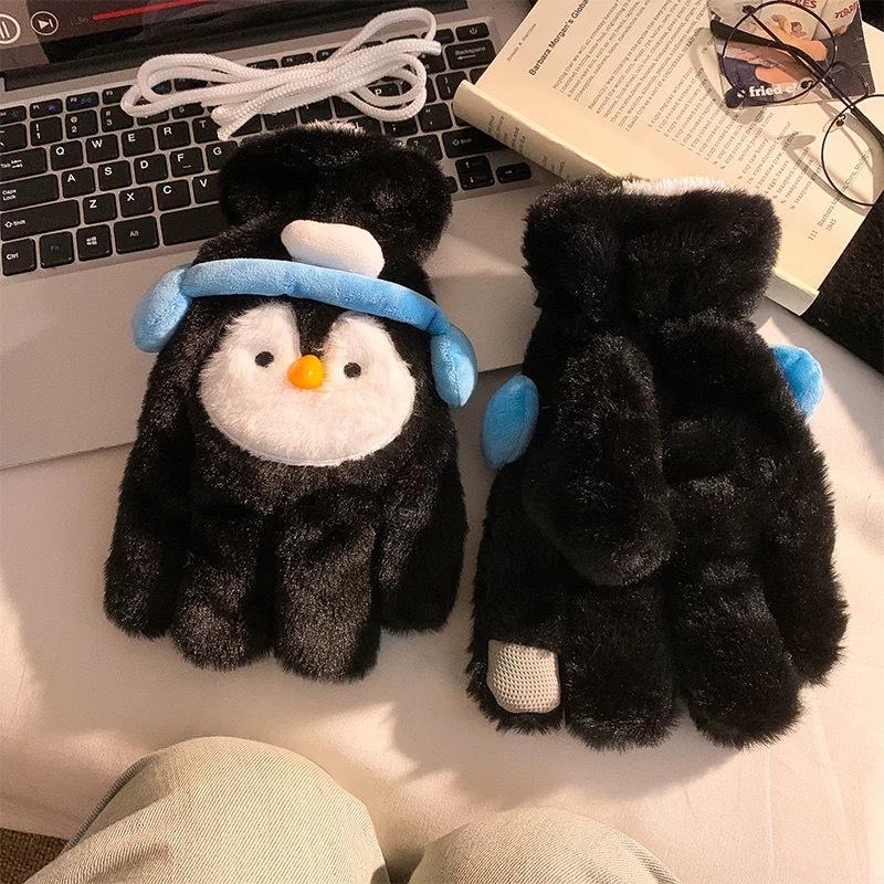 Süße kleine Pinguin-Flipp-Halbfinger-Plüschhandschuhe für Damen, verdickt, warm, für Schüler zum Schreiben bei Kälte