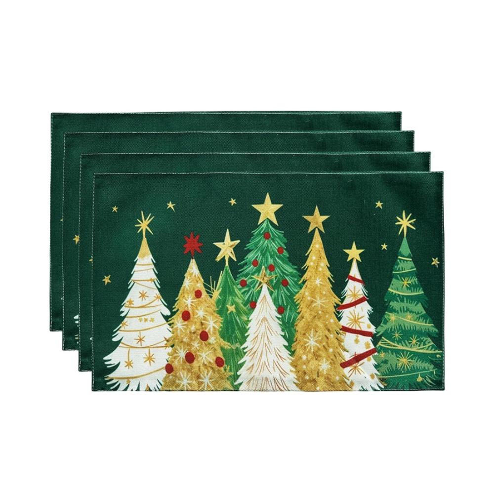 4PCS Linen-like Christmas Tree Placemats Anti-slip Tableware Insulated Mats New Year