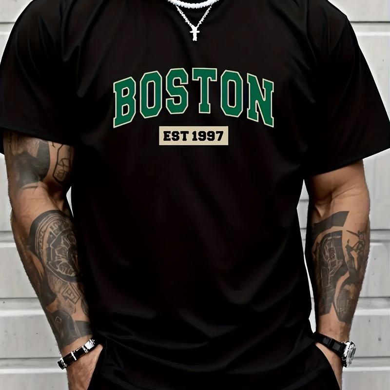 Boston EST1997 Retro Printed Men's New Cotton T-shirt Fashion Casual Loose Summer Cotton Couple Short Sleeve Large Size T-shirt