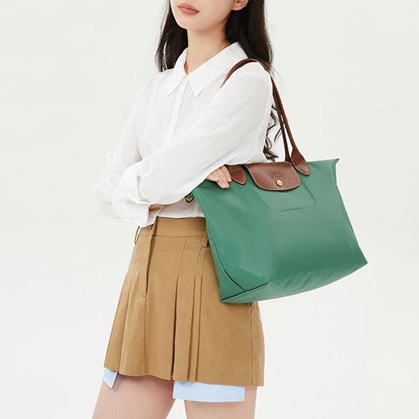 Longchamp Le Pliage Solid Logo Snap Zipper Foldable Nylon Canvas Dumpling Tote Shopping Shoulder Bag Medium Women Tote Sage-Green 2605089P84