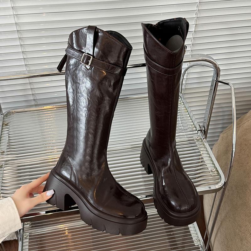 Long Women Boots High Heels Fashion Platform Leather Shoes  Designer Knee High Boots New Pumps Winter Dress Ladies Boots