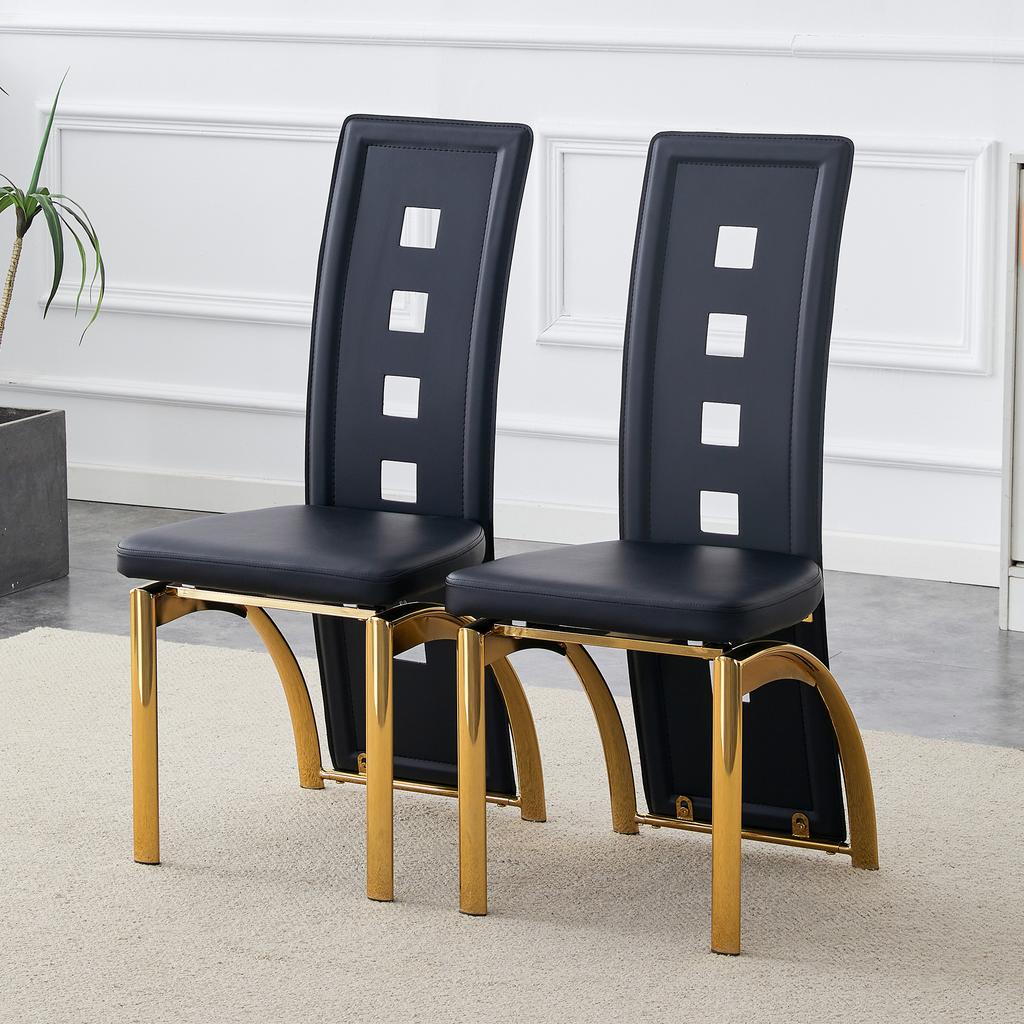 [Set of 2] European Dining Chairs with Perforated Pattern, Black PU Leather + Gold Metal Legs, 102.5 Cm Height, Suitable for Modern Dining Areas.