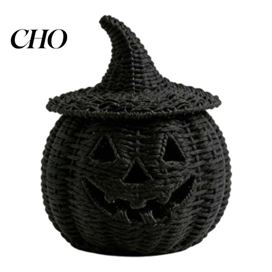 Lanterne LED pour l'Automne Panier Citrouille Tissé à la Main avec Couvercle Chapeau de Sorcière, Panier Osier Rustique Trick Black Tressé Accessoire d'Halloween ou Panier de Friandises Intérieur Extérieur