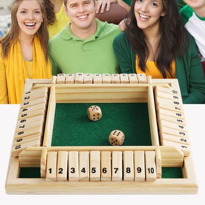 Shut The Box Board Game 4 Players Wooden Table Math Game Kids Adults Family Night Party Educational 4-Side 10 Number Dice Classic Tabletop Game