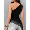 Women Solid Color One Shoulder Metal Buckle Lace Spliced Asymmetrical Hem Tank Top