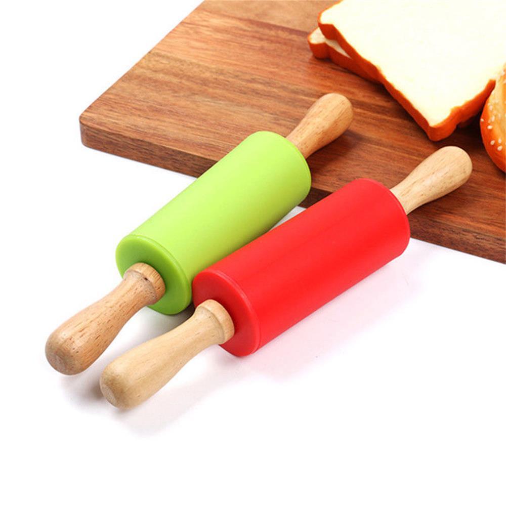 Wooden Handle Silicone Rollers Rolling Pin Kid Kitchen Cooking Baking Tool 