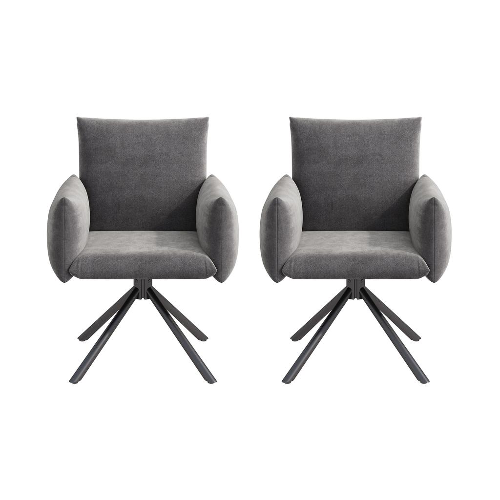 Set of Two Dining Chairs, Upholstered Armchair with 4 Metal Legs, 360 degrees Casual Swivel Chair, Work and Desk Chair, Lumbar Support, Velvet, Grey