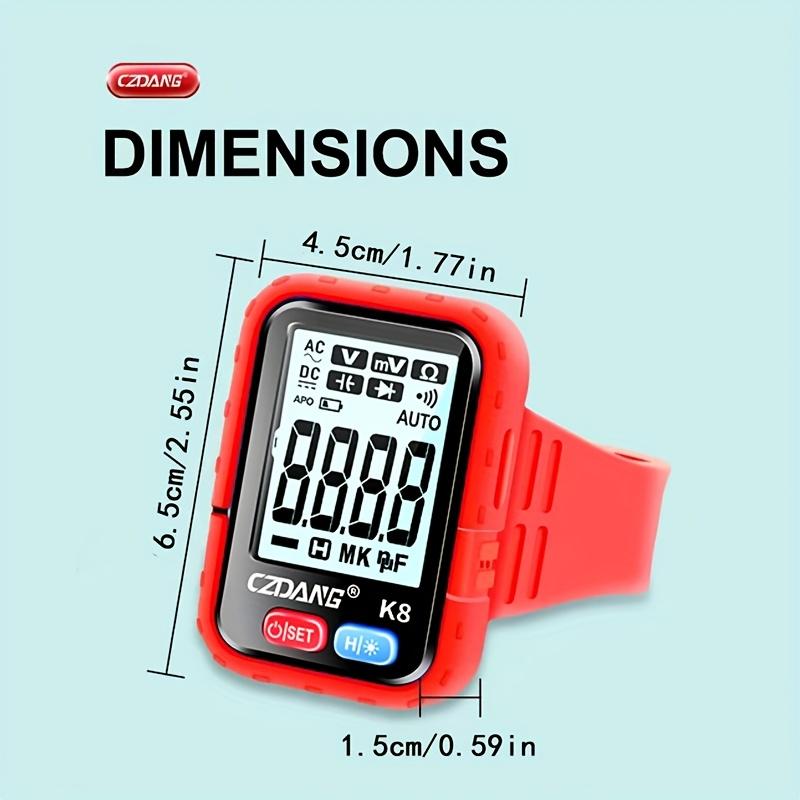 Bracelet portable de style mini avec un testeur multimètre numérique qui peut mesurer la tension continue, la tension alternative, la résistance et la continuité.