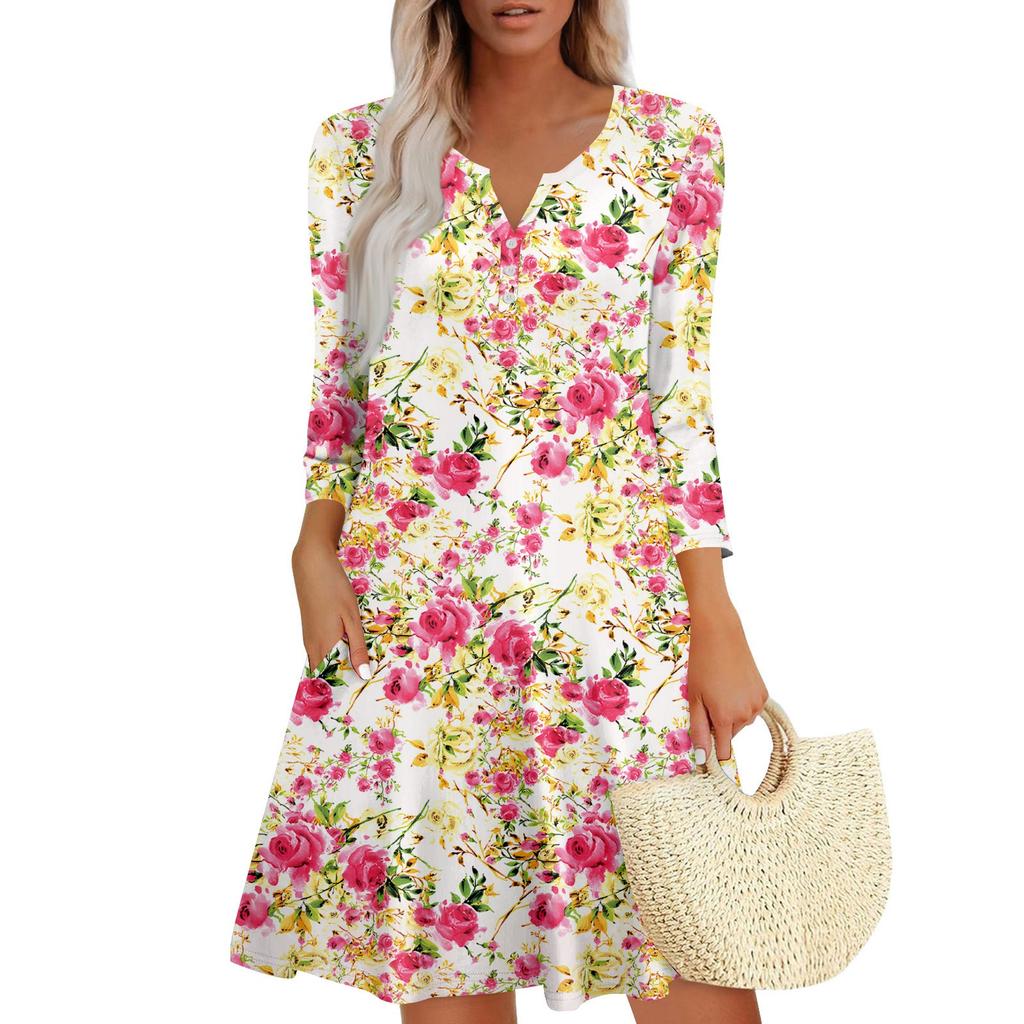 Abito Estivo da Donna Largo Scollo a V Manica a Tre Quarti Abito da Sole con Tasche Abito