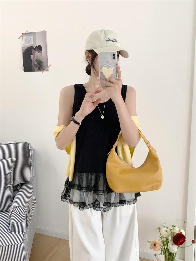 Double-Layer Lace Mesh Sleeveless Cotton Vest