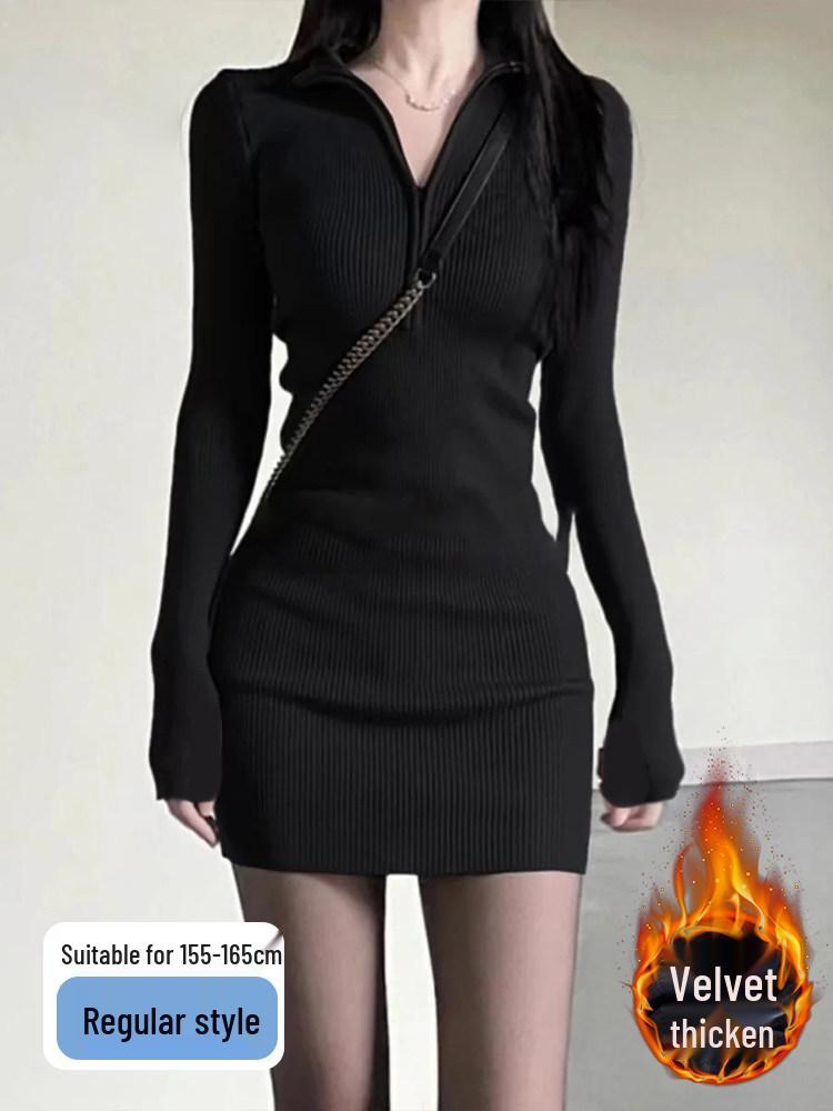 Women's Black Slim-Fit Dress with Coat - 2026 Autumn/Winter High-End Cinched Waist Little Black Dress