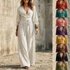Women's V Neck Lace Trim 3/4 Sleeve Drawstring Waist Maxi Dress Casual Loose Fit Boho Dress