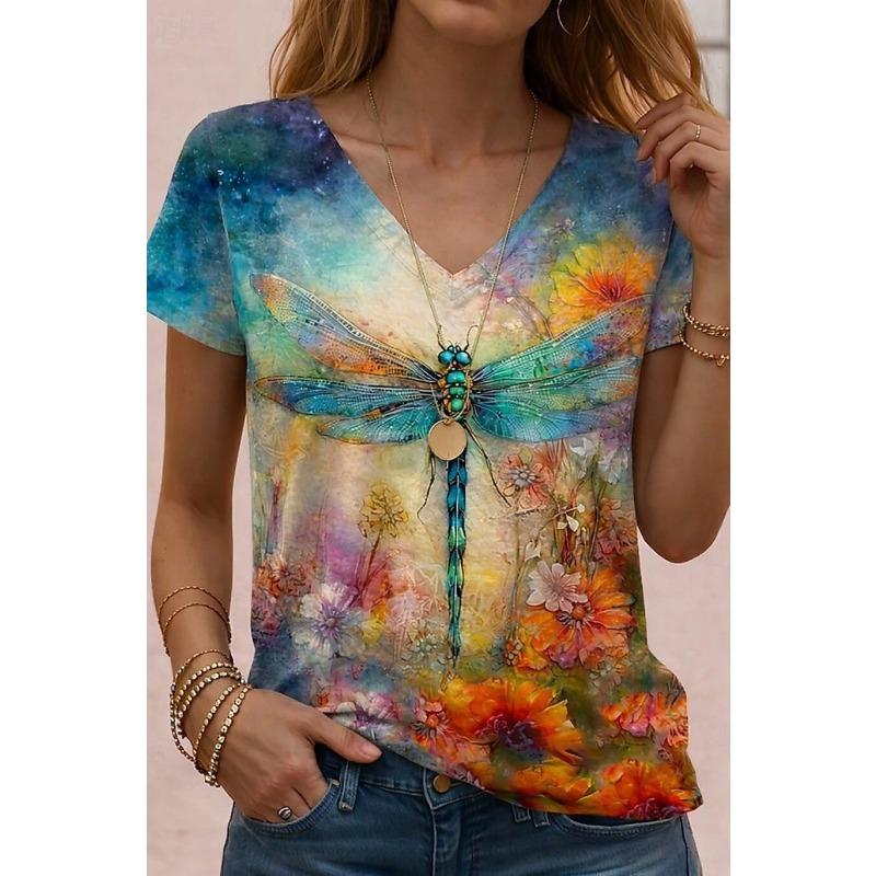 

Women s Vintage Color Gradient Abstract Print T-Shirt, V-Neck Short Sleeve, Green Blue Rainbow Dark Gray, Spring Summer S