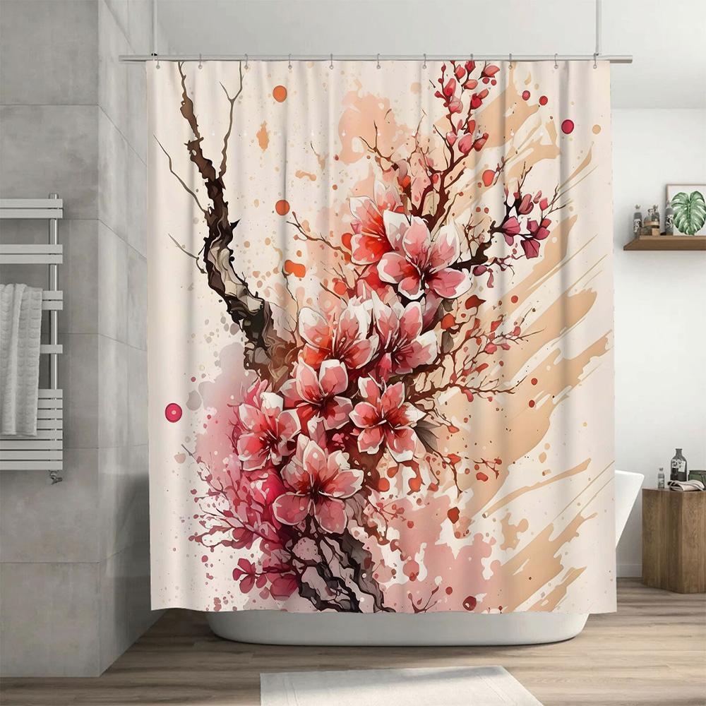 Pink Blossom Shower Curtain Watercolor Floral Print for Bathroom Decor, Modern Design Waterproof Fabric for Bathtub or Kitchen C