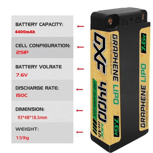 DXF Short LiPo Battery, 2S, 7.6V, 140C, 4400mAh, LCG Hard Case, RC Battery, Japanese-Korean Lithium Polymer Material, 5mm, with Plug, for RC Cars, Tru