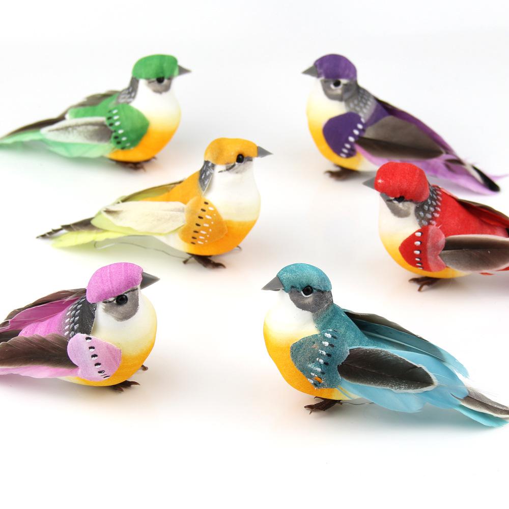 12 Stück Bunte Schaumstoffvogel-Bastelornamente, Imitationsfedern und Grüne Pflanzen, Pastorale Gartendekoration