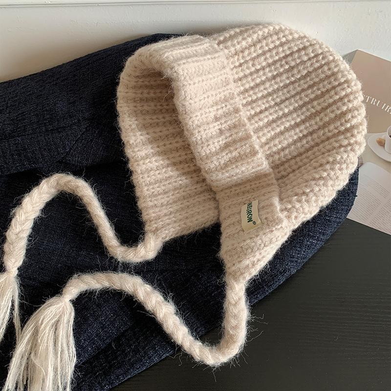 Blue Balaclava Hat Women's Autumn and Winter Warm Ear Protection Knitted Wool Hat Showing a Small Face and Cold-proof Bag Head Hat