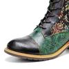 Johnature Plateaustiefel aus echtem Leder, Schnür-Damenschuhe, Blumenmuster, runde Zehen, Nähen, Prägung, Stiefeletten