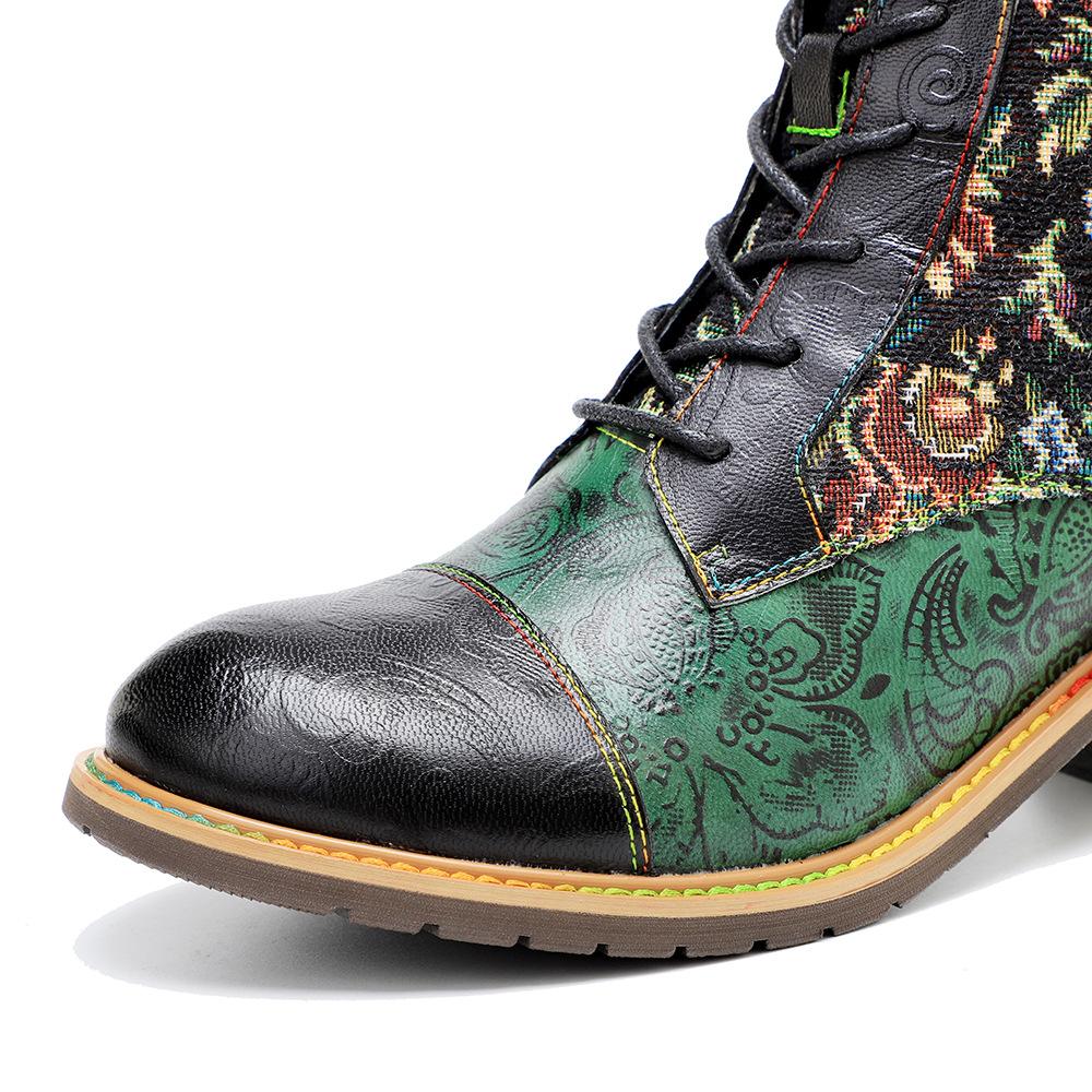 Johnature Plateaustiefel aus echtem Leder, Schnür-Damenschuhe, Blumenmuster, runde Zehen, Nähen, Prägung, Stiefeletten