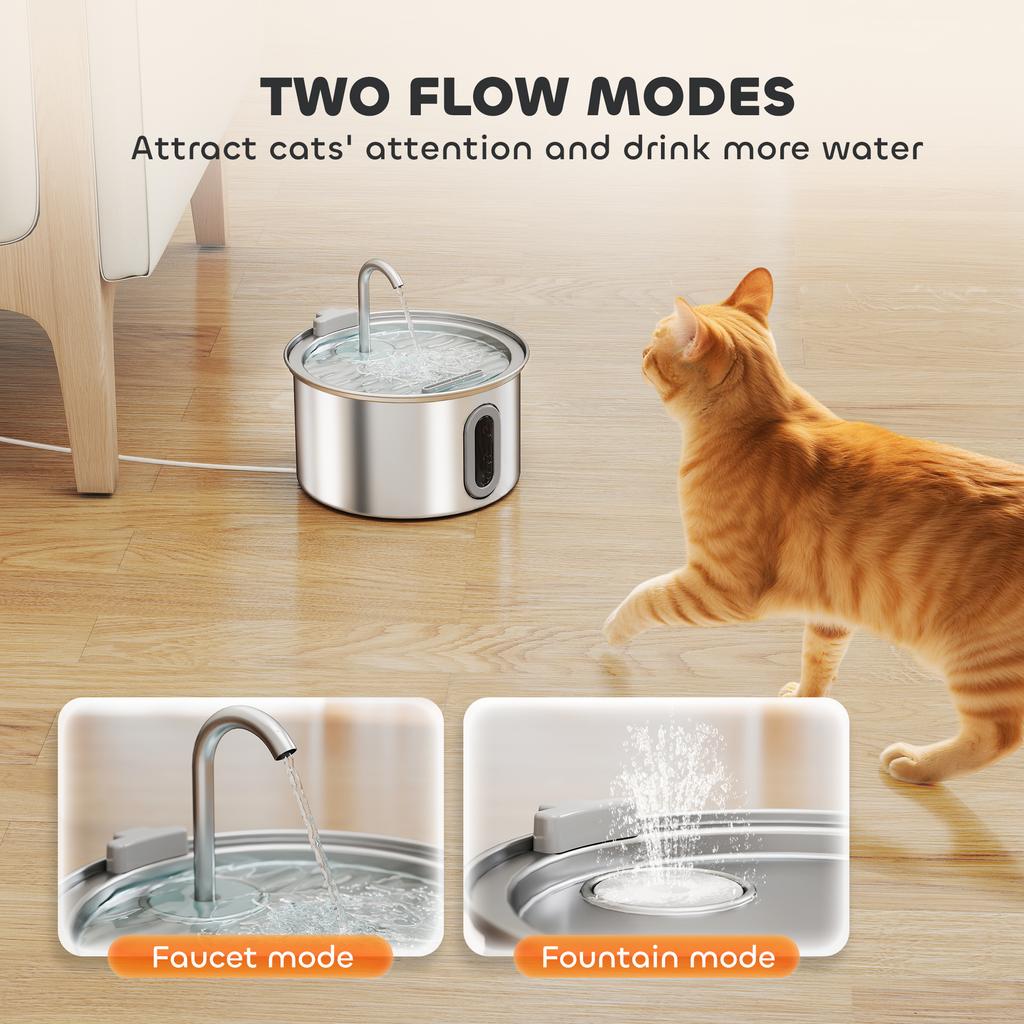 2.5L Stainless Steel Cat Water Fountain For Drinking With Ultra Silent Pump Water Level Window 7 Filters
