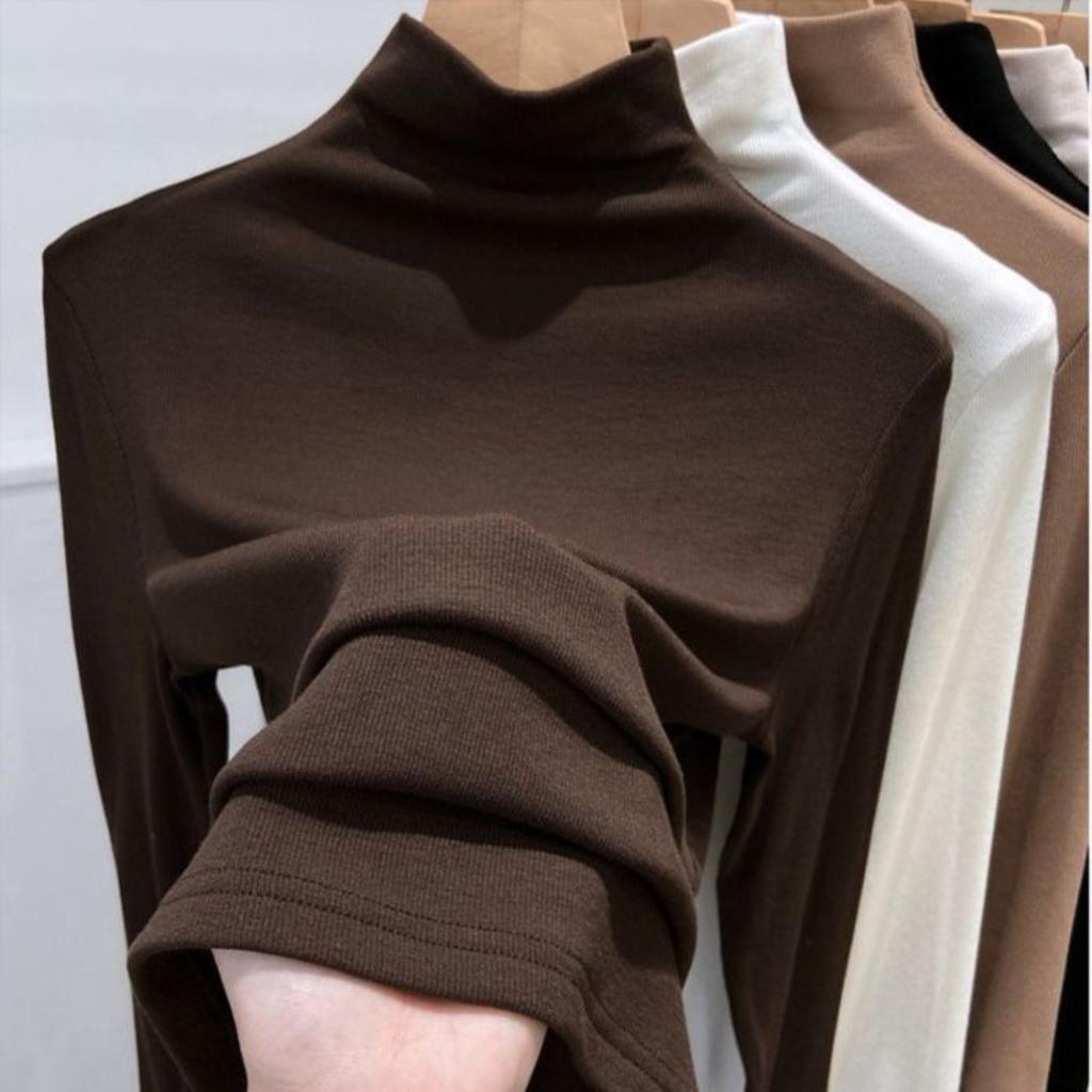 Women's Half High Neck Long Sleeve T Shirt Slim Fit Solid Color Casual Basic Tee Tops