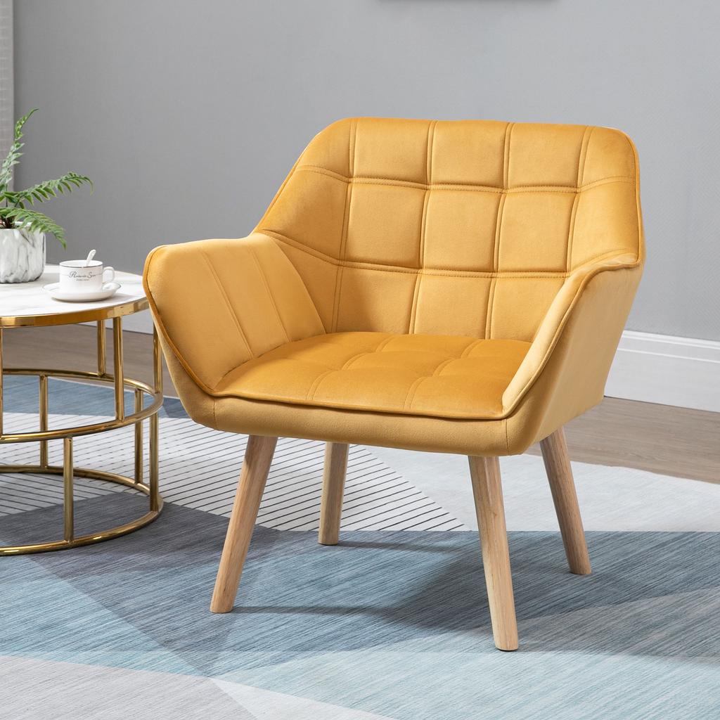 Armchair Accent Chair, Vanity Chair with Wide Arms, Slanted Back, Padding, Metal Frame, Wooden Legs, Home Bedroom Furniture Seating, Yellow