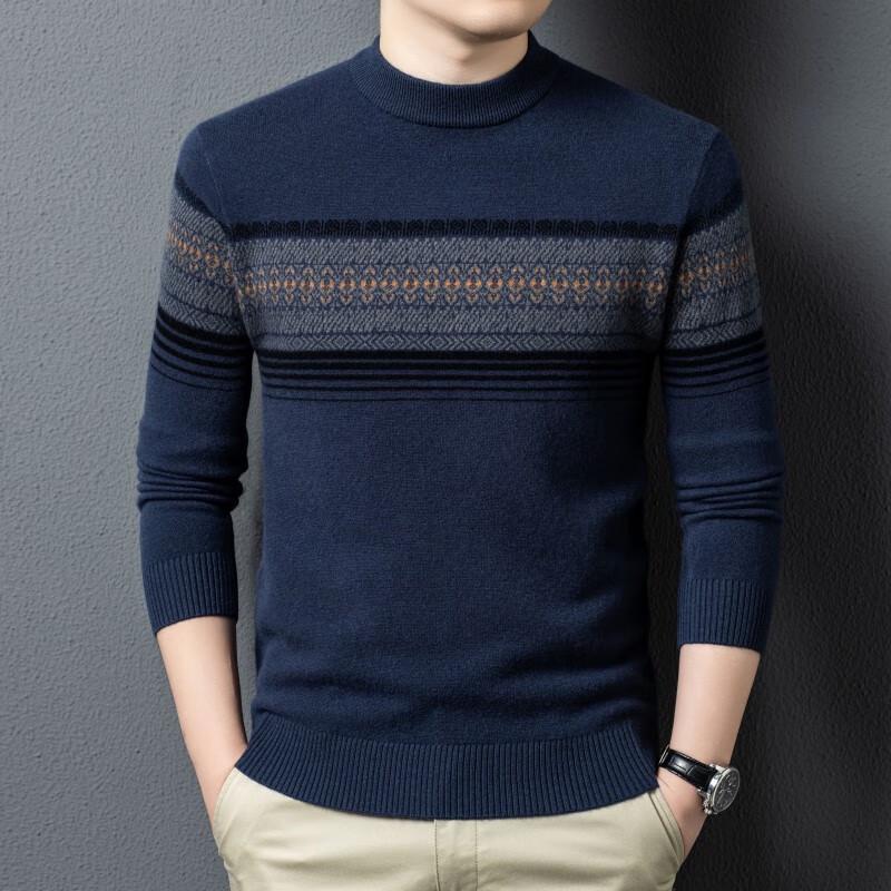 Men's 100% Pure Wool Striped Half-High Neck Sweater