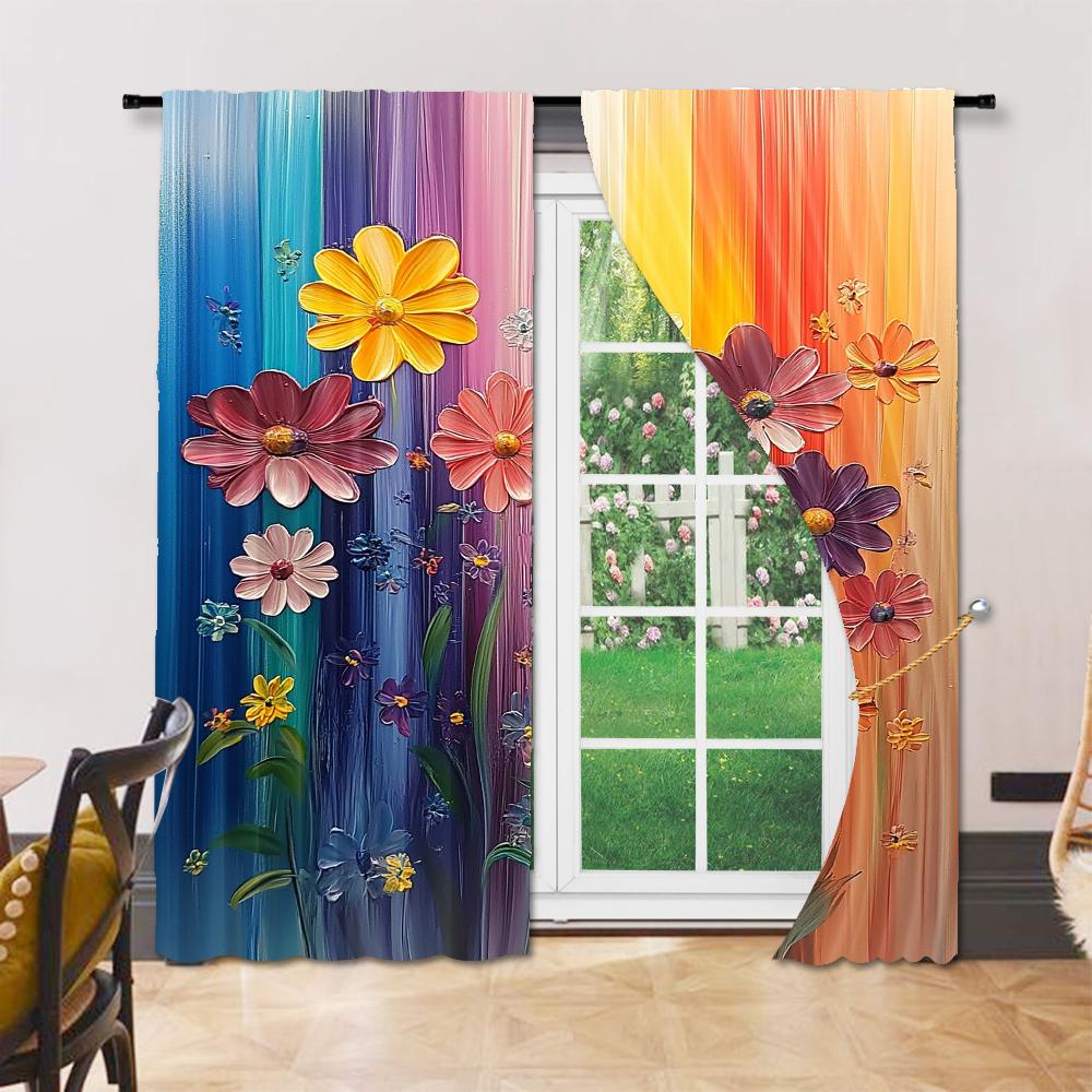 2Pcs Artistic Floral Printed Window Curtains Polyester Material Rod Pocket Design Drapes For Bedroom Living Room Office