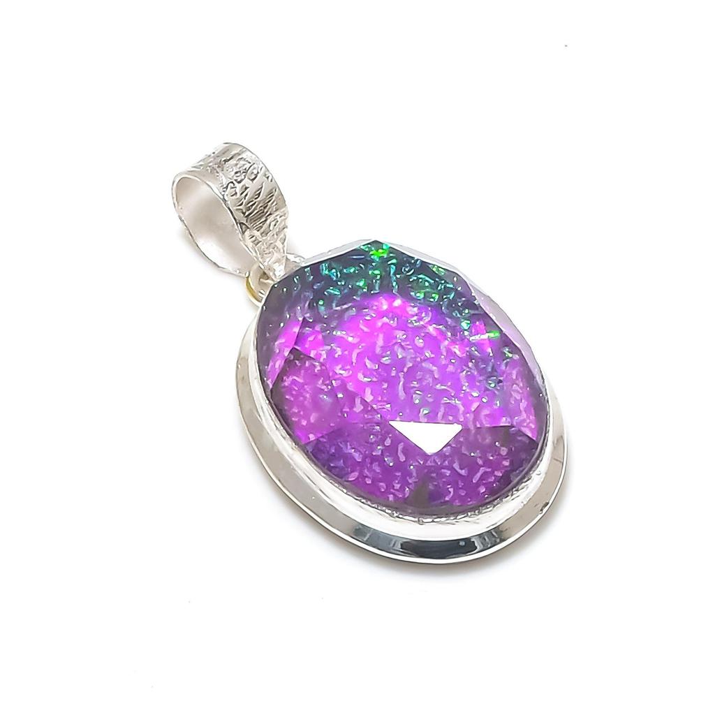 Dainty Purple Fire Opal Gemstone Silver Pendant in 925 Sterling Silver - Handmade Pear Design, Everyday Wear Jewelry Engagement Gift