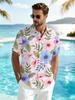 Printe Esign – Not Texture Men's Light Pink Base with Floral and Green Leaf Print Short Sleeve Shirt, Summer Casual Vacation Style Lapel Top