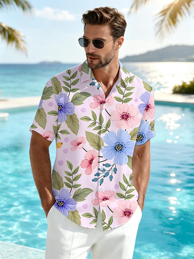 Printe Esign – Not Texture Men's Light Pink Base with Floral and Green Leaf Print Short Sleeve Shirt, Summer Casual Vacation Style Lapel Top