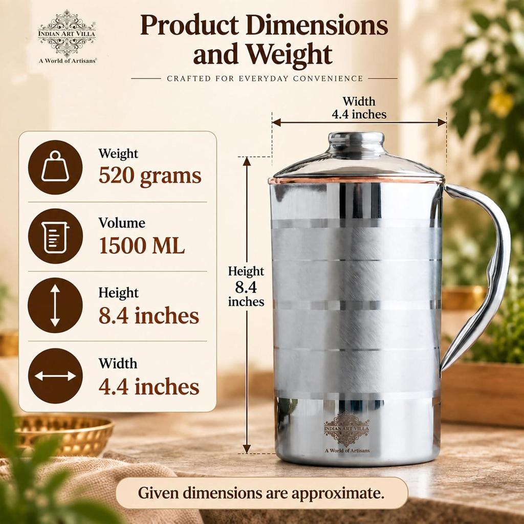 Steel Copper Luxury Design Jug Pitcher, Storage & Serving Water, Beneficial for Health, Volume- 1500 ML