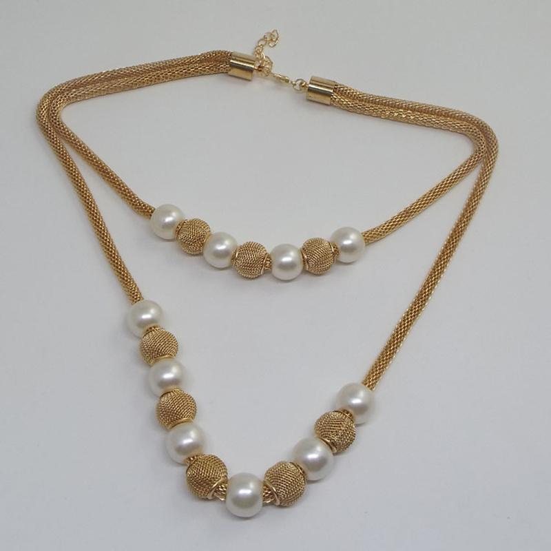 Women'S Double Layers Mesh Chain Round Faux Pearl Ball Charms Necklace