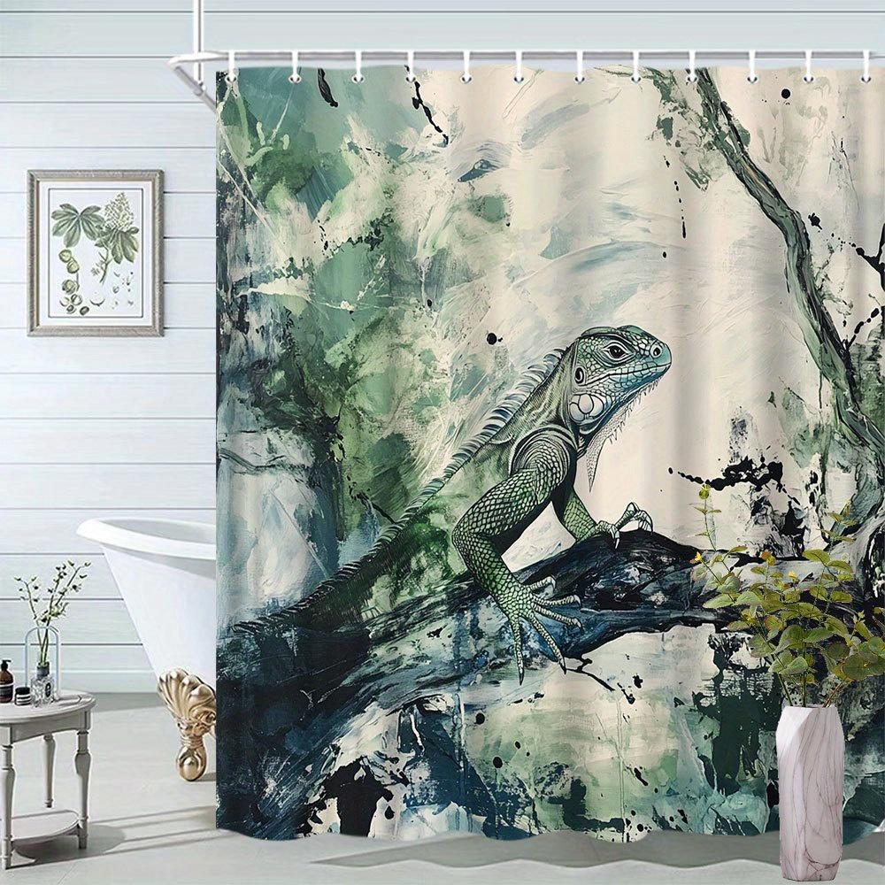 

Green Iguana Shower Curtain - Animal Theme, Natural Landscape Design, Polyester Bathroom Decor, 12 Hooks W90xH180cm