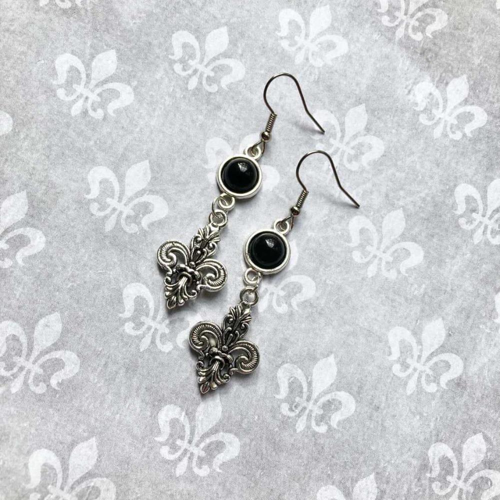 Gothic Victorian Silver Color Stainless Steel Iris Flower Filigree Black Stone Dangle Earrings for Women Halloween Party Jewelry
